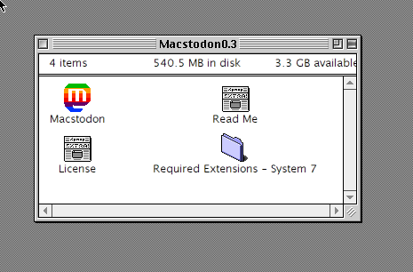 Contents of the Macstodon Sit hqx file. The Macstodon app is a version of the Masotdon logo styled after the rainbow Apple logo.